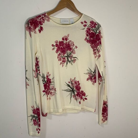 Liz Claiborne Pink Floral Cotton Rayon Knit Long Sleeve Pullover Sweater M - Picture 1 of 7